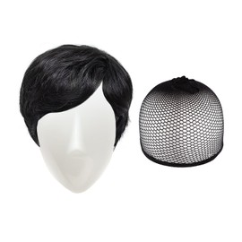 1 x Black Short Hair Band, 1 x Black Hair Net, Wavy Short Hair, Women's Short Hair, Fashionable Short Hair Headband with Full Fringe, Suitable for Cosplay, Party, Birthday