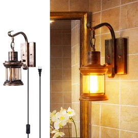 Rustic Wall Light, 2-in-1 Antique Bronze Vintage Wall Light Fixture Plug in Industrial Glass Shade Lantern Lighting Retro Lamp Metal Wall Sconce for Home Bedroom Dining Room café(1 Pack)