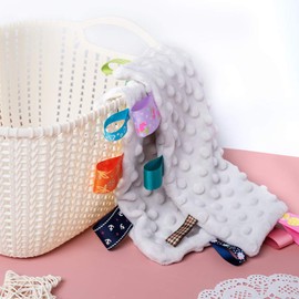 Baby Tags Security Blankets - Baby Soothing Plush Blanket with Colorful Tags, 10"x10" Square Sensory Toys, for 3 Months+ Babies Boys and Girls (Grey)