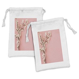 Ambesonne Almond Blossom Fabric Pouch Set of 2, Spring Cherry Blossom Tree on Pink Background Pastel Japanese Design, Small Drawstring Bag for Toiletries Masks and Favors, 9" x 6", Cream Pale Pink