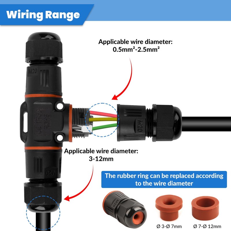 Pack of 2 Cable Connectors Waterproof IP68, T-shape Junction Box,