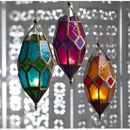 Moroccan style large hanging glass lantern (Orange & Red)