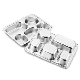 HaWare - Paquete de 2 platos divididos de acero inoxidable para niños pequeños y adultos, platos rectangulares con control de porciones con 5 compartimentos, bandeja de metal para almuerzo, camping