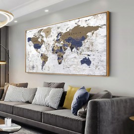 Framed Wall Art World Map Wall Art Canvas Picture20inx40in Large Grey Map of The World Canvas Painting Artwork Prints for Office Wall Decor Home Living Room Decorations Framed Ready to Hang