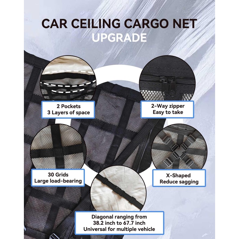Car Ceiling Cargo Net with 2 Pockets - 35.4"x25.6" Cross-Strap
