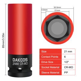 DAKCOS Impact Wrench Nuts 21 mm Power Socket Spanner with Protective Sleeves, CR-MO Protective Nuts 1/2 Inch Drive for Alloy Wheels Wheel Change, Length: 85 mm