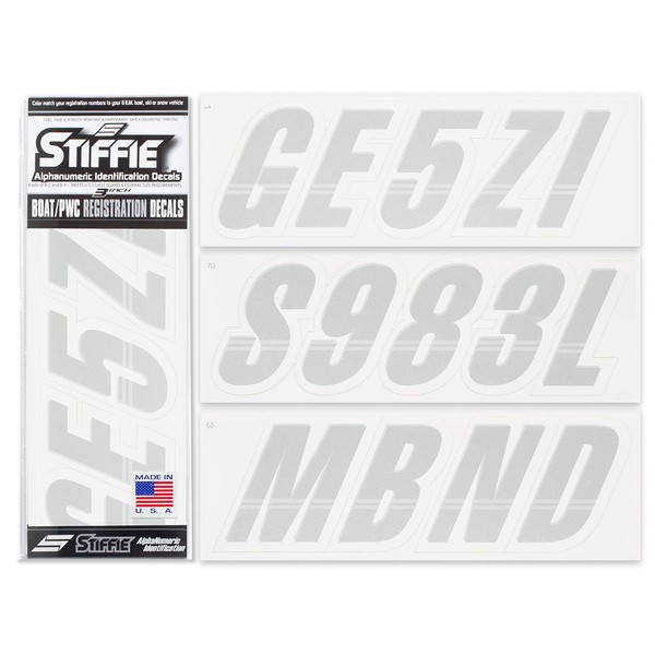 STIFFIE Techtron Metallic Silver/White 3" Boat & PWC Registration Decals