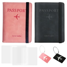 ZOCONE Passport Holder Faux Leather Pack of 2 Passport Case Pink Black Passport Cover with RFID Blocker Passport Holder with Transparent Passport Bag Suitcase Tag Organiser for Passport Credit Cards,