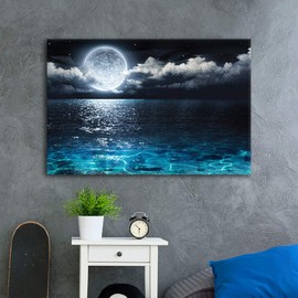 B2T NWT Canvas Wall Art Blue Ocean Under Moonlight Calmful Heart Painting Artwork for Home Prints Framed - 24x36 inches