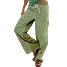 Yimoon Y2K Striped Pants for Women Low Rise Drawstring Pull On Jeans Casual Baggy Wide Leg Trousers 2025 Trendy(Green-M)
