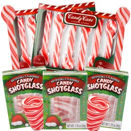 Christmas 2024 Edible Candy Cane Stirring Spoons and Shot Glasses, Red and White Peppermint Flavored Utensils, 24 Spoons, 3 Glasses