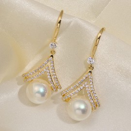 MIKAMU 14K Gold Shell Pearl Earrings for Women CZ cubic zirconia Gold Plated Dainty Pearl Earring for Women Jewelry Birthday Gifts for