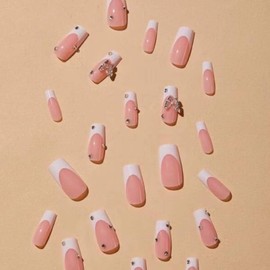 ANDGING French Tip Press on Nails Medium Square White Fake Nail with Rhinestone Butterfly Design on Nail for Women Acrylic False Nails Stick on Nails Manicure Press on Nail for Wedding 24Pcs