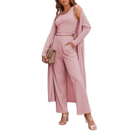 Ekouaer Women's 3 Piece Knit Lounge Set Pajama Long Sleeve Cardigan Sleeveless Top Pants SweatsuitPinkLarge
