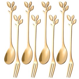 AnSaw 8-Piece Gold 4.7" Leaf Handle Mini Spoons & Forks - Perfect for Coffee, Desserts, Tea, Appetizers | Elegant Stainless Steel Cutlery Set for Parties, Charcuterie Boards & Cocktails