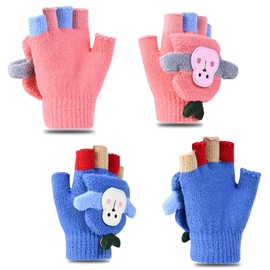 Children's Removable Flap Knitted Gloves, 2 Pairs of Winter Children's Gloves, Children's Winter Gloves, Mittens, Kids Cartoon Finger Gloves for Children, Girls, Boys, pink
