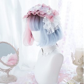 Lolita Harajuku Style GAL Series Cosplay Wig, Gothic Lolita, Heat Resistant, Different Colors (Pink, Light Blue) Mesh, Bob Mori Girl, Cute Princess, Small Face, Party, Costume, Everyday Wig