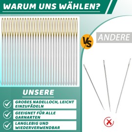 MASPHY 30 Pieces Sewing Needles, 3.4 cm Large Eye Needles, Embroidery Needles Set, Large-Eyed Blunt Needles with Transparent Bottle for Hand Sewing Wool Leather Crafts