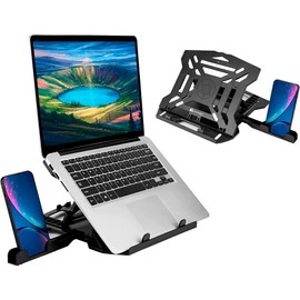 Bluelander Soporte para Laptop con Soporte de Celular, Soporte Laptop, Soporte 2 en 1, Soporte para Laptop con Ventilador, Base Giratoria 360º, 8 Posiciones Ajustables de Altura, Ergonómica