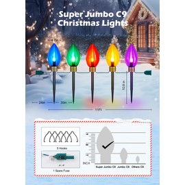 11Feet 5 LED Super Jumbo Christmas String Lights or Pathway Marker Lights, Outdoor Xmas Decorations- Jumbo C9 Hanging Lights Waterproof Lawn Dec for Holiday Home Tree Roof Yard Garden, Multicolor