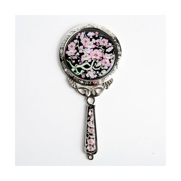 Hand Mirror, Round Stainless Steel Mother of Pearl Flower Design – Pink/Black