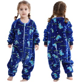 HAHASHOW Sleeping Bag with Feet, 2.5 Tog, Flannel Sleeping Bag, Baby Winter, Pyjamas Baby with Sleeves, Pyjamas Children 4-5 Years, Blue Dino