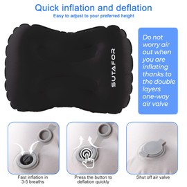 SUTAFOR Inflatable Pillow, Pack of 2, Ultralight Camping Pillow, 73 g, Travel Pillow, Inflatable Soft Beach Cushion, Air Cushion for Outdoor, Hiking, 41 x 28 cm, Black