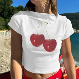 Wedsadl Y2k Shirt Baby Tees for Women Cute Cherry Graphic Cropped Shirt Vintage Print T Shirts 2000s Retro Aesthetic Tee Tops(White,2XL)