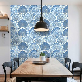 LaiTique Coastal Shell Wallpaper – Blue Seashell Peel and Stick Wallpaper, Self-Adhesive Vinyl with Watercolor Ocean Motif for Beach House or Nautical Decor, 17.7in x 118in