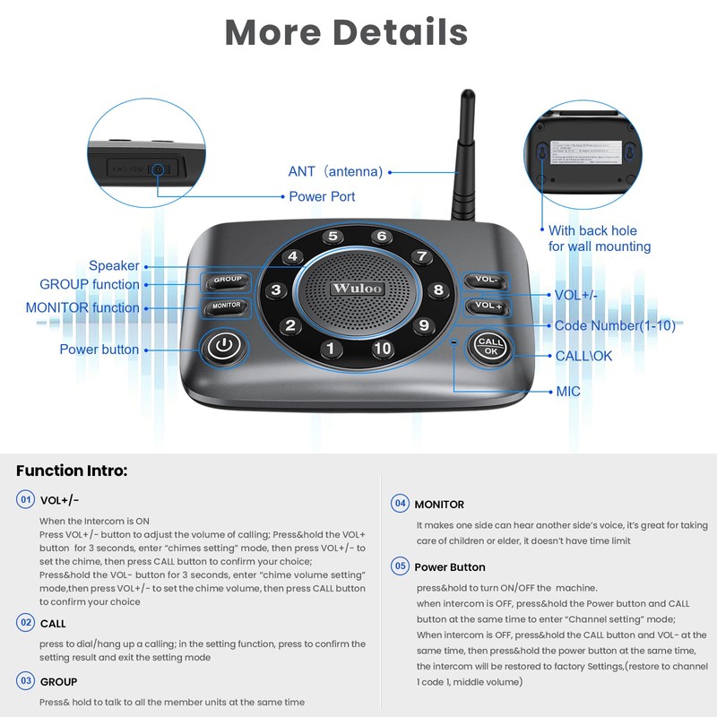 Hands-Free Intercoms Wireless for Home Business, Wuloo Upgrade Two Way