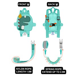 DAMATCH 3 in 1 Toddler Harness Leash-Baby Walking Safty Harness + 8.2ft Anti Lost Wrist Link + Cute Dinosaur Backpack,Kids Walking Tether with Key Lock for Boy‘s Outdoor Activity Travel(Mint Green)