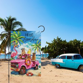 Hello Sunshine Flamingo Garden Flag Golden Retriever Dogs Flag 12x18 Double Sided Burlap Summer Welcome Tropical Ocean Sea Truck House Flags for Seasonal Outdoor Decoration(ONLY FLAG)