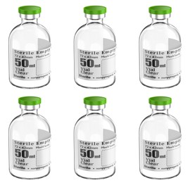 Biocomma 6pcs 50ml Sterile Empty Vial with Plastic Aluminum Caps，Penicillin Bottle 20mm Crimp Top Sterile Transparent Borosilicate Lab Sample Vial (Transparent)