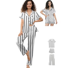 WJing Yi Jia Womens Pajama Sets 3Pcs Silk Satin Pajamas Set XS-2XL Sleepwear Silky Pj Sets Nightwear Pjs Loungewear