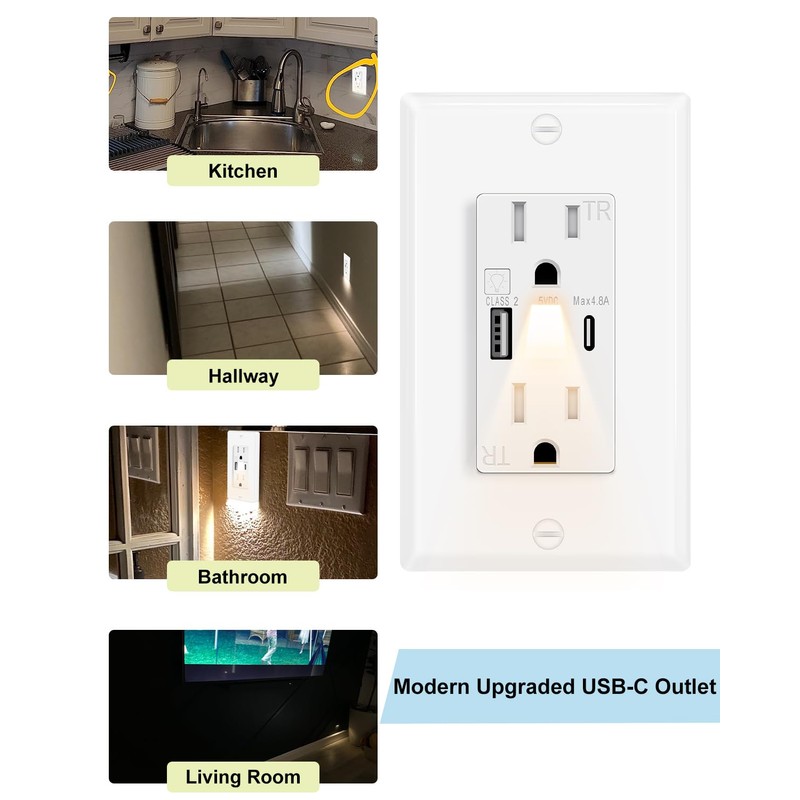 Night Light USB C Outlet,KCMYTONER 2PK 15A Fast Charging Wall