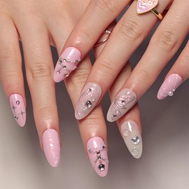 24Pcs Pink Press on Nails Medium Almond Fake Nails Silver Butterfly with Star Rhinestones Design Glitter Full Cover Artificial Glue on Nails Spring Summer False Nails Cute Stick on Nails for Women DIY