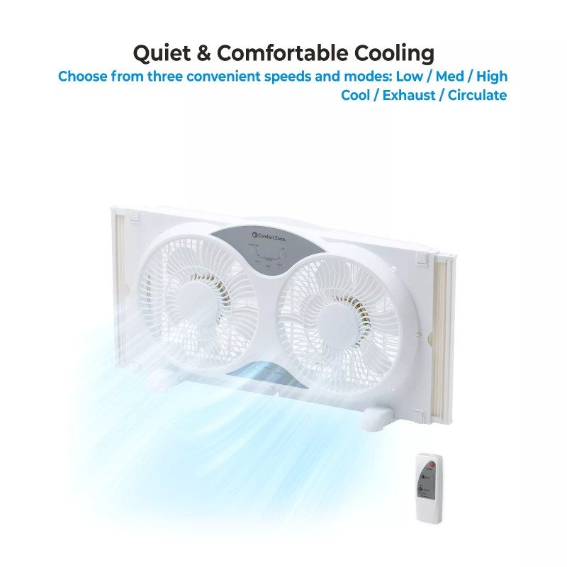 Comfort Zone 9" 3-Speed Reversible Twin Window Fan with Remote