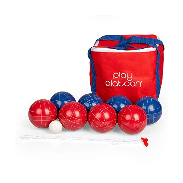 Play Platoon 90mm Bocce Ball Set with 8 Balls, Pallino, Carry Bag & Rope - Red & Blue 2 to 8 Person Game