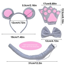TSHAOUN 4 Piece Animal Costume Set Mouse Ears Headband Grey Ears Headband Tail Bow Tie Gloves Fancy Dress Set for Kids Birthday Party Carnival Cosplay Christmas