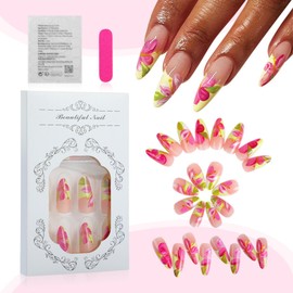 Colorful Flower Press on Nails Medium Almond False Nails Yellow French Tips Acrylic Nails Gorgeous Floral Glue on Nails Spring Summer Nail Art Decorations for Women Girls Daily Wear 24Pcs