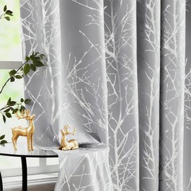 FMFUNCTEX 100% Blackout Curtains for Bedroom, Curtains 96 Inches Long Silver on Grey Tree Curtains for Living Room, Silver Foil Room Darkening Thermal Insulated Branch Curtain, 2 Panels Grommet Top