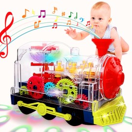 TOOTY TOY Music Train Toy with LED Light up for Kids - Colorful Moving Transparent Gears for Toddlers -Tummy Time Crawling Baby Toys -Ideal Gift for Boys Girls