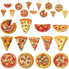 Vercraft 24 Pcs Wooden Pizza Christmas Tree Hanging Ornaments - Xmas Food Ornaments with Hanging Ropes for Pizza Lover Christmas Party Decoration