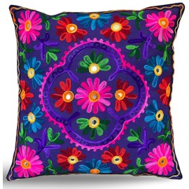 Original Kikan Suzani Multi Colour Floral Embroidery 16"x16" 40 x 40 cm Indian Ethnic Cushion Cover Takiya Sofa pillow Zipper Back (PURPLE)