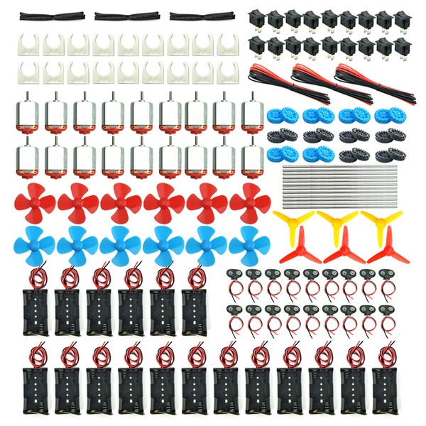 18 Set DC Motors Kit, Mini Electric Hobby Motor 3V -12V 25000 RPM Strong Magnetic with Shaft Propeller, 2 x AA Battery Holder,9V Battery Clip Connector,Plastic Wheels for DIY Science Projects