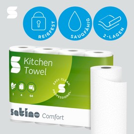 Satino Kitchen Roll 2-Ply – Extremely Absorbent, Extra Tear-Resistant & Especially – 100% Recycled Paper – Made in Germany – High-Quality Kitchen Towels – Scope of 4 Rolls – 64 Sheets per Kitchen Roll
