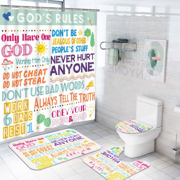 Ikfashoni 4 Pcs Christian Bible Verse Shower Curtain Sets with