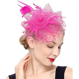 Umturmok Women's Tea Party Fascinators Mesh Flower-Shaped Pearl Feather Veil Fascinator Hats with Headband and Clip Rose Red