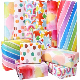 Gift Wrapping Paper,6Pcs Birthday Xmas Wrapping Paper Sheets Recyclable Gift Wrap with 2 Ropes, 1 Double-Side Tap, 1 Sticker, Christmas Wrapping Paper for Wedding Party Girls Boys baby showers(50 X 70cm)