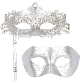 Hoshin Masquerade Mask for Couple, Mardi Gras Deecorations Venetian Masks with Stick for Womens(Silver)